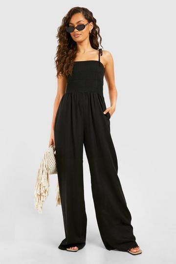 Geplooide Strapless Linnen Look Jumpsuit black