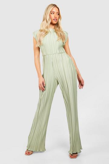 Green Wide Plisse Ruched Shoulder Wide Leg Jumpsuit