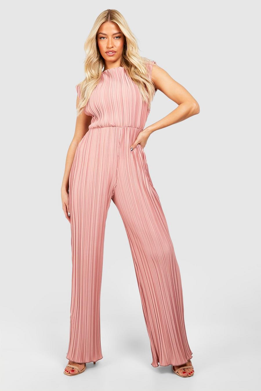 Pink Wide Plisse Ruched Shoulder Wide Leg Jumpsuit 