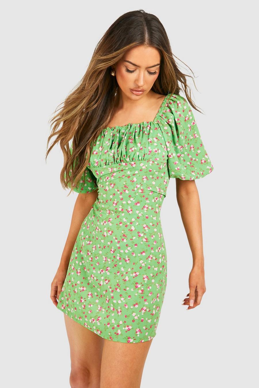 Green Floral Puff Sleeve Smock Dress