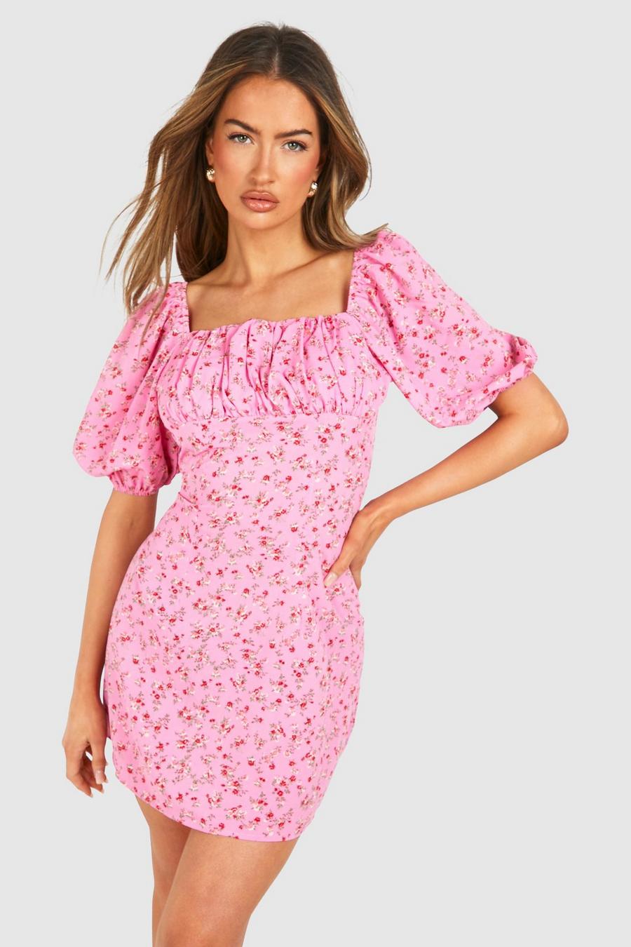 Pink Floral Puff Sleeve Smock Dress