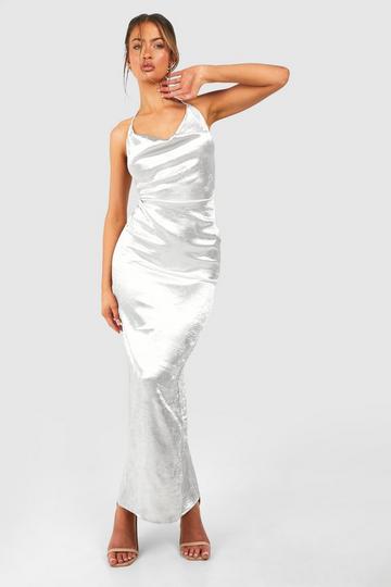 Silver Textured Satin Cowl Neck Maxi Dress