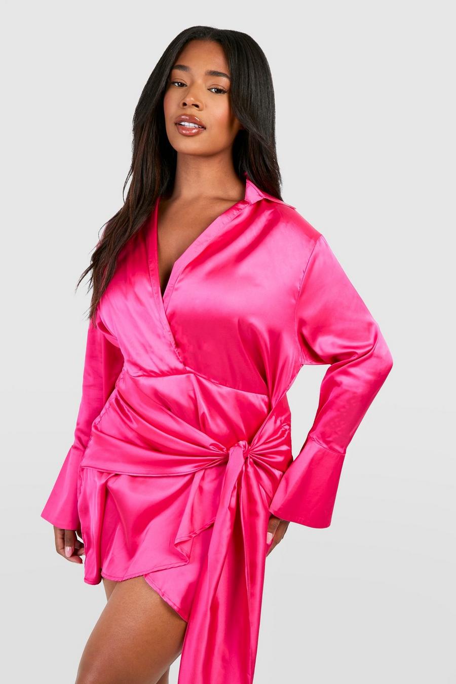 Plus Satin Hemd-Kleid mit Bindegürtel, Hot pink image number 1