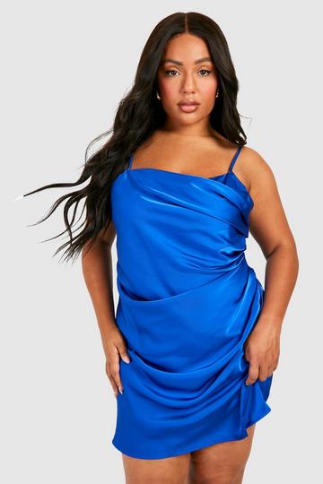 Plus Satin Draped Mini Slip Dress cobalt