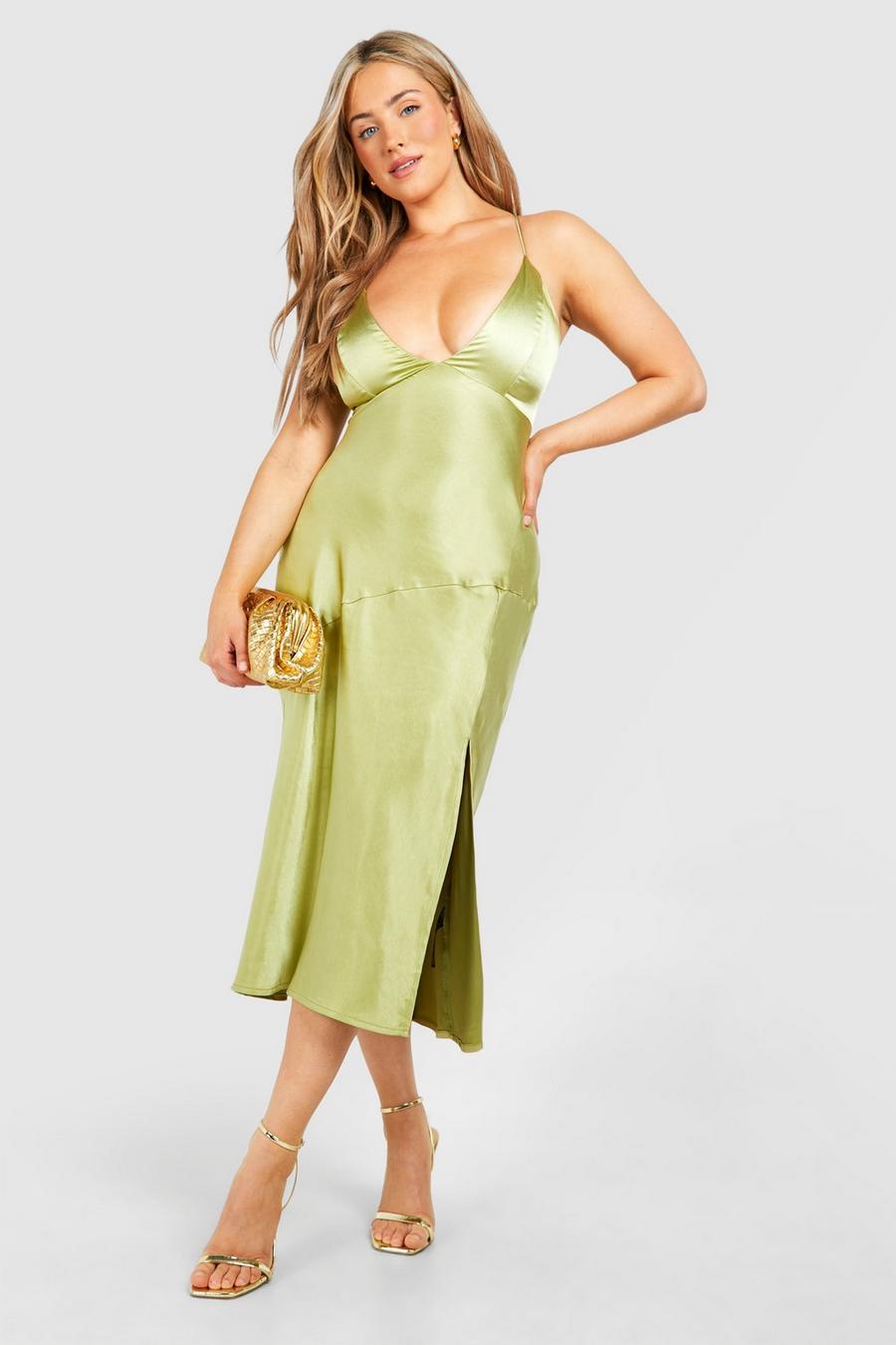 Vestito pull-on midi Plus Size in raso incrociato sul retro, Green image number 1