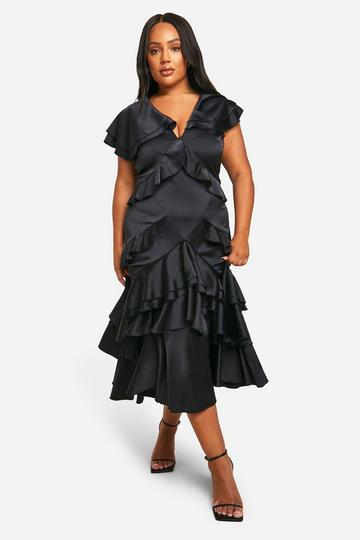 Plus Satin Ruffle Maxi Dress black