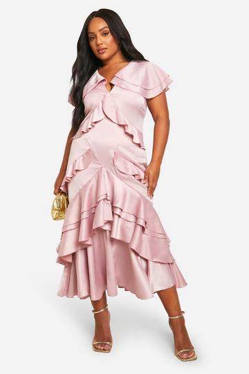 Blush Pink Plus Satin Ruffle Maxi Dress