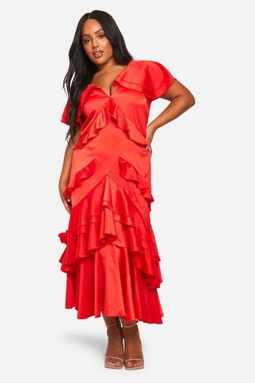 Red Plus Satin Ruffle Maxi Dress