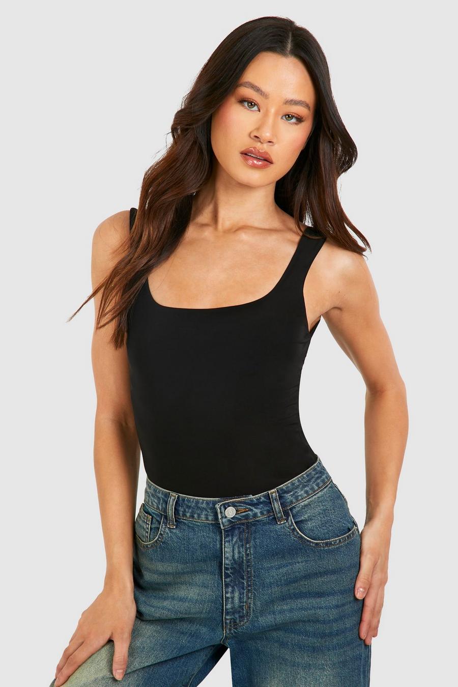 Black Tall Square Neck Double Layer Bodysuit image number 1