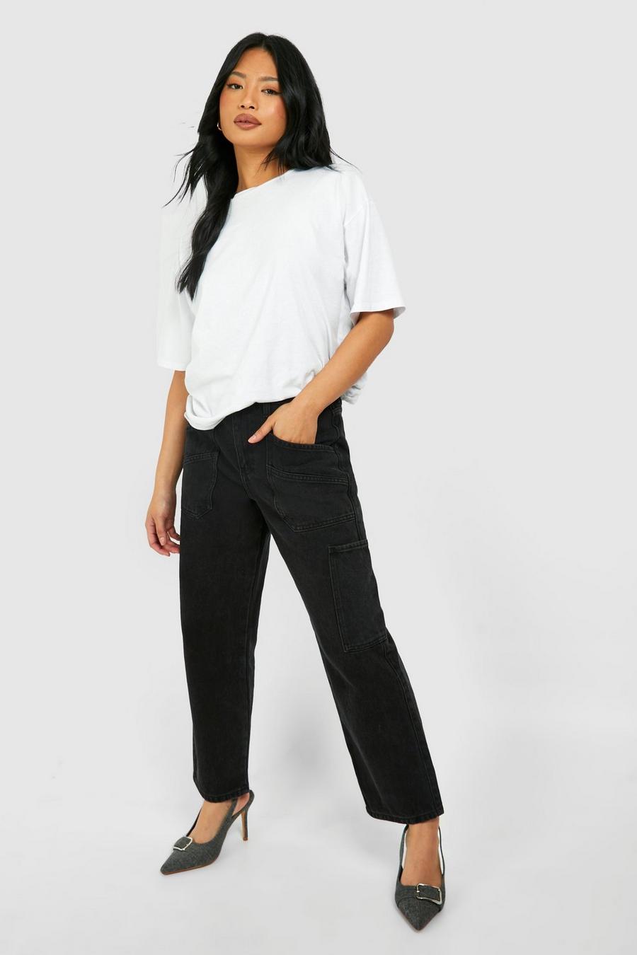 Petite schwarze Cargo-Jeans mit Taschen-Detail, Washed black image number 1