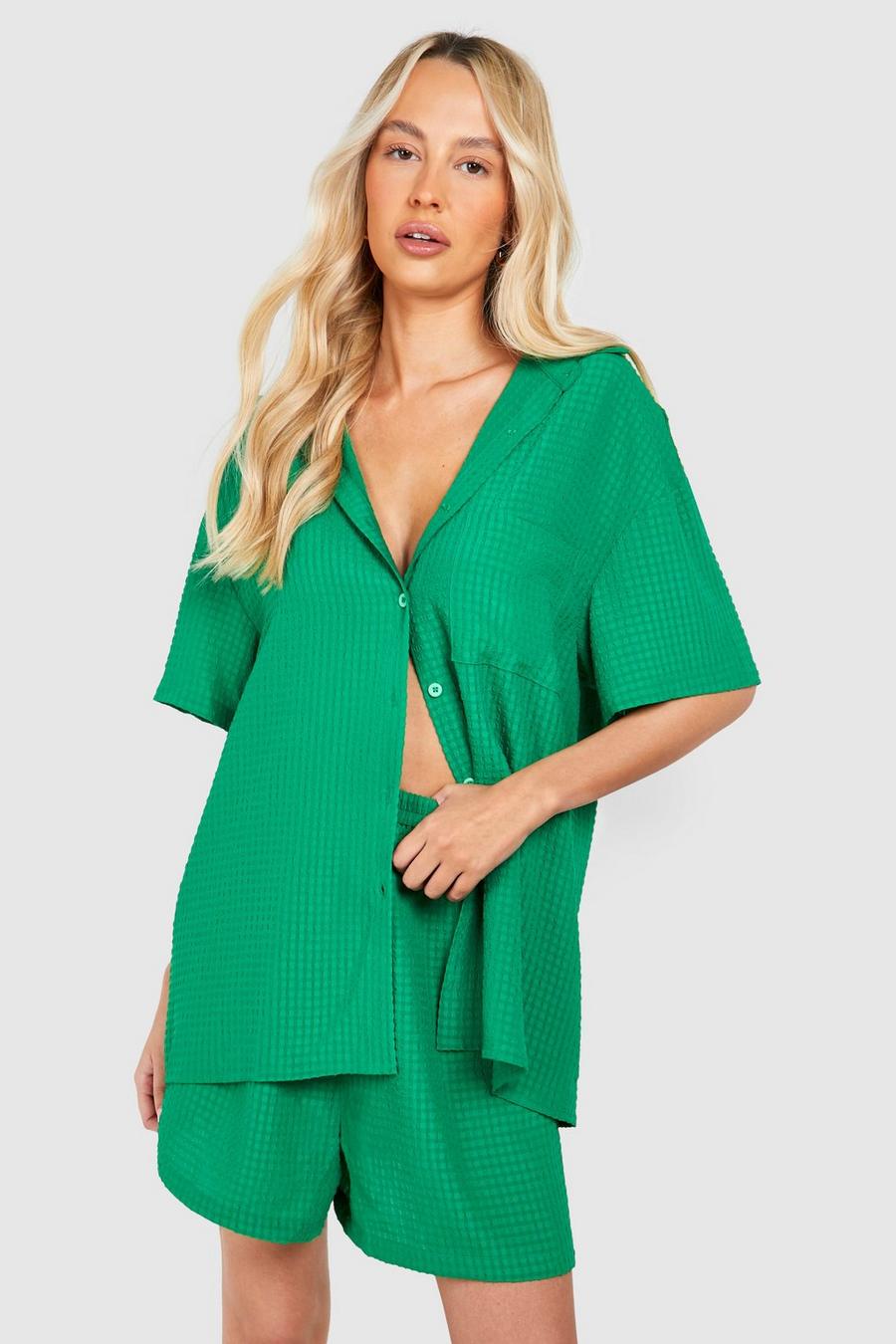 Green Tall Geweven Overhemd Met Textuur En Shorts Set image number 1