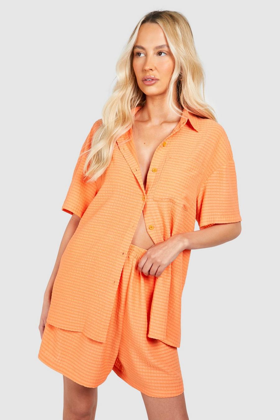 Orange Tall Woven Textured horizontal Shirt & Short Set  image number 1