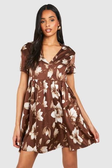 Chocolate Brown Tall Satin Floral V Neck Smock Dress