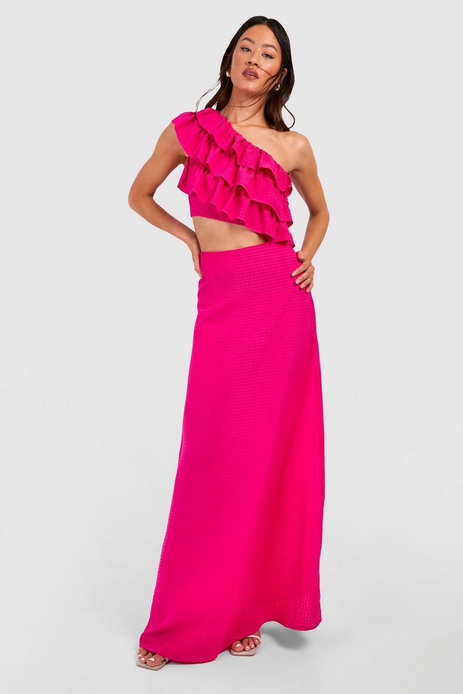 Pink Tall Woven Textured Frill One Shoulder Maxi Dress 