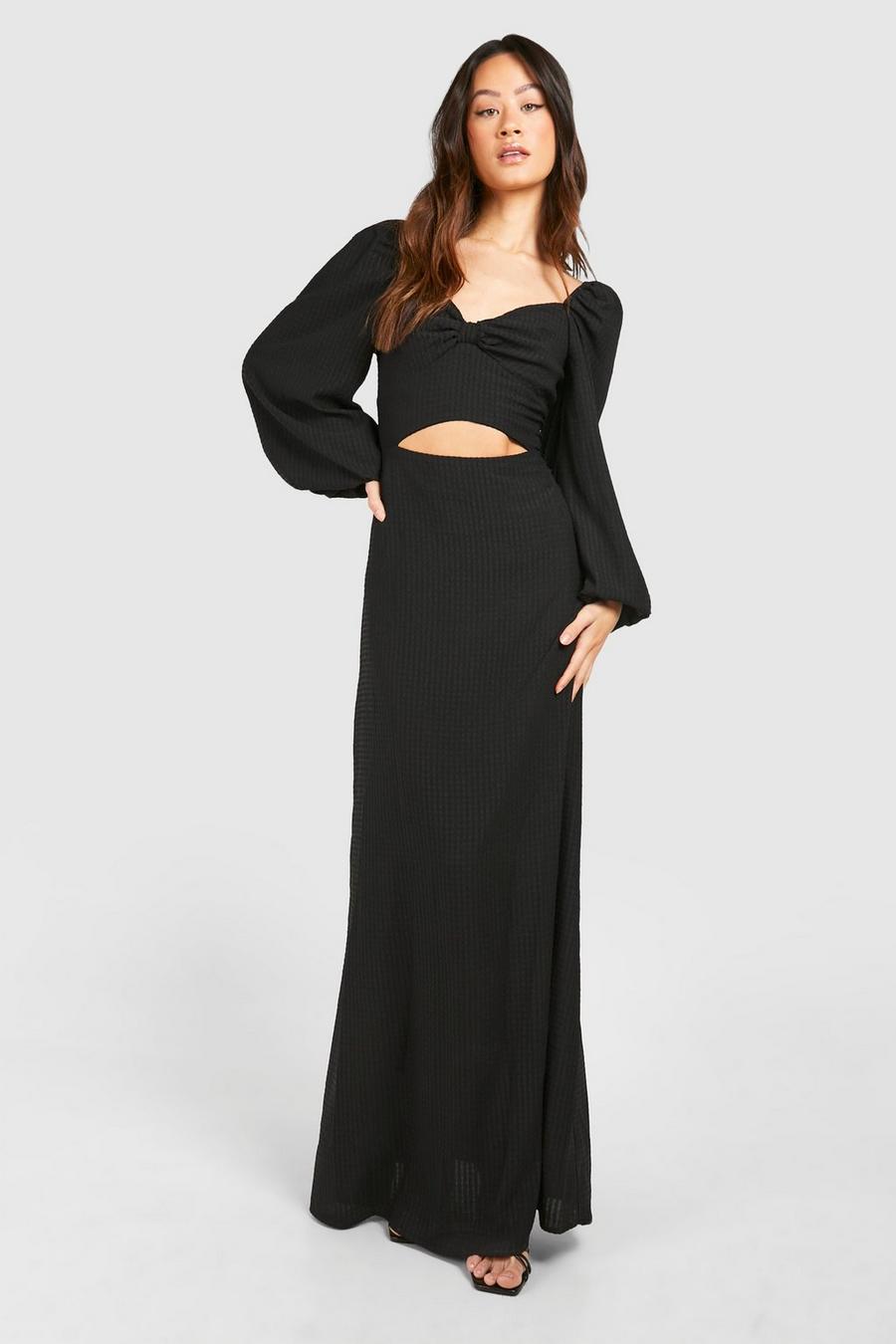 Black Tall Woven Textured Ruched Front Maxi Dress image number 1