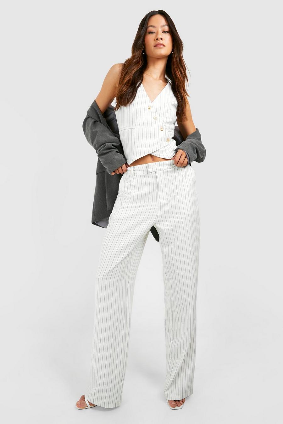 White Tall Woven Stripe Tailored Wide Leg Pants image number 1