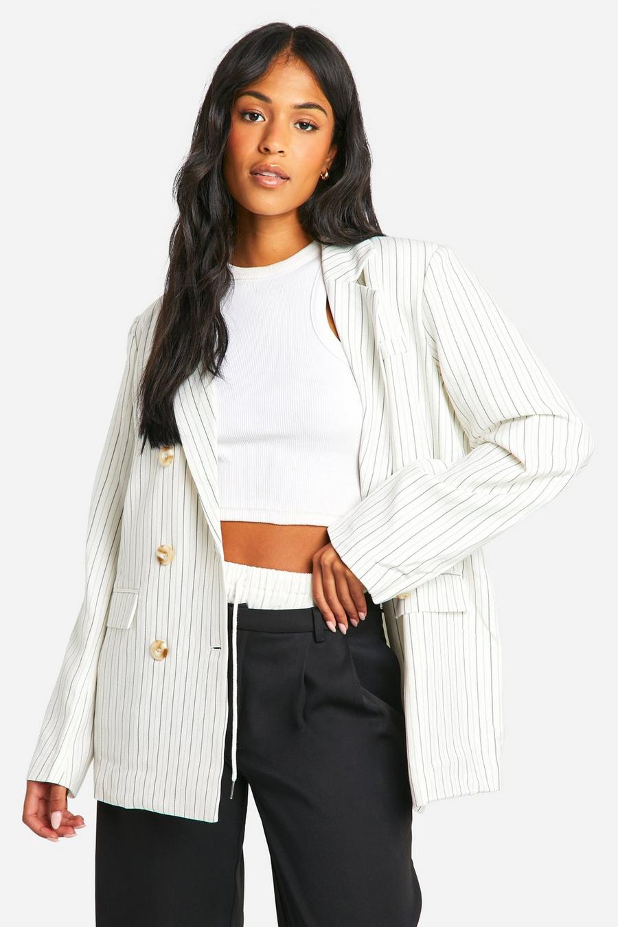 White Tall Woven Stripe Tailored Oversized Blazer image number 1