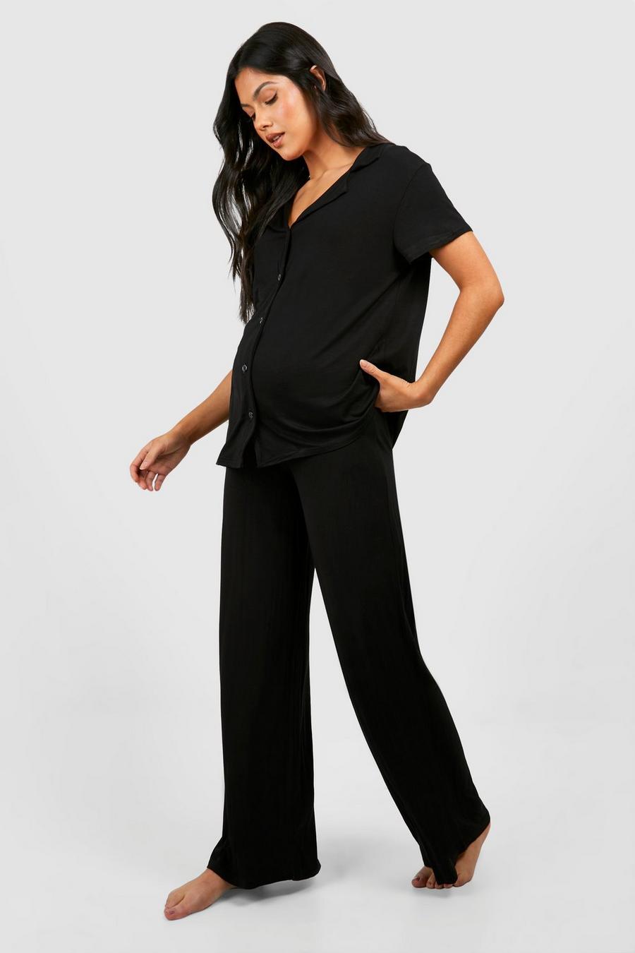 Black Maternity Short Sleeve Peached Jersey Knit Pants Set image number 1
