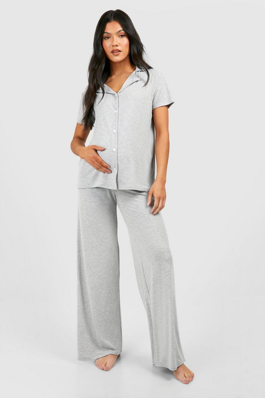 Grey Maternity Short Sleeve Peached Jersey Trouser Set image number 1