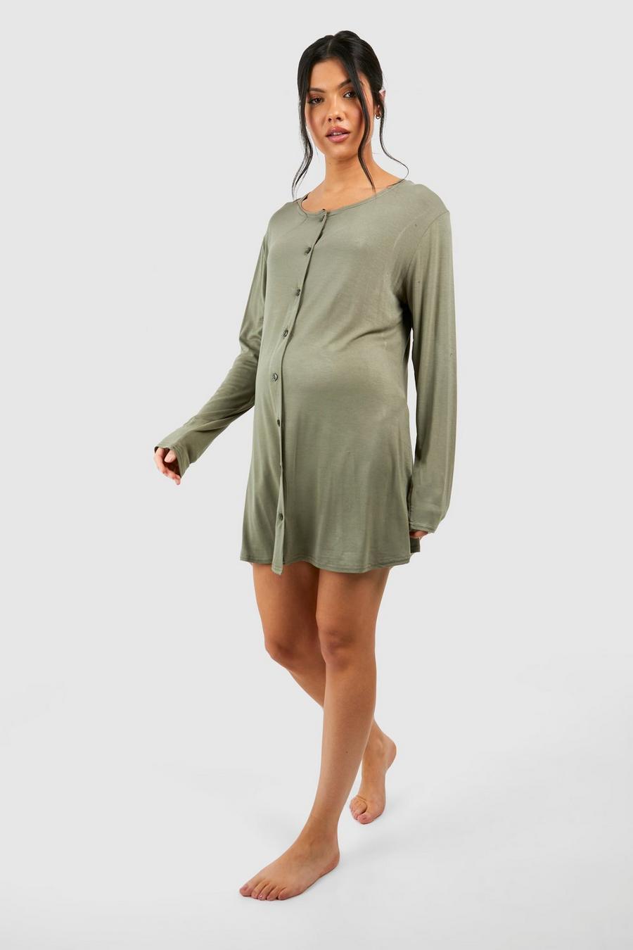 Light khaki Maternity Long Sleeve Peached Jersey Knit Button Down Nightgown