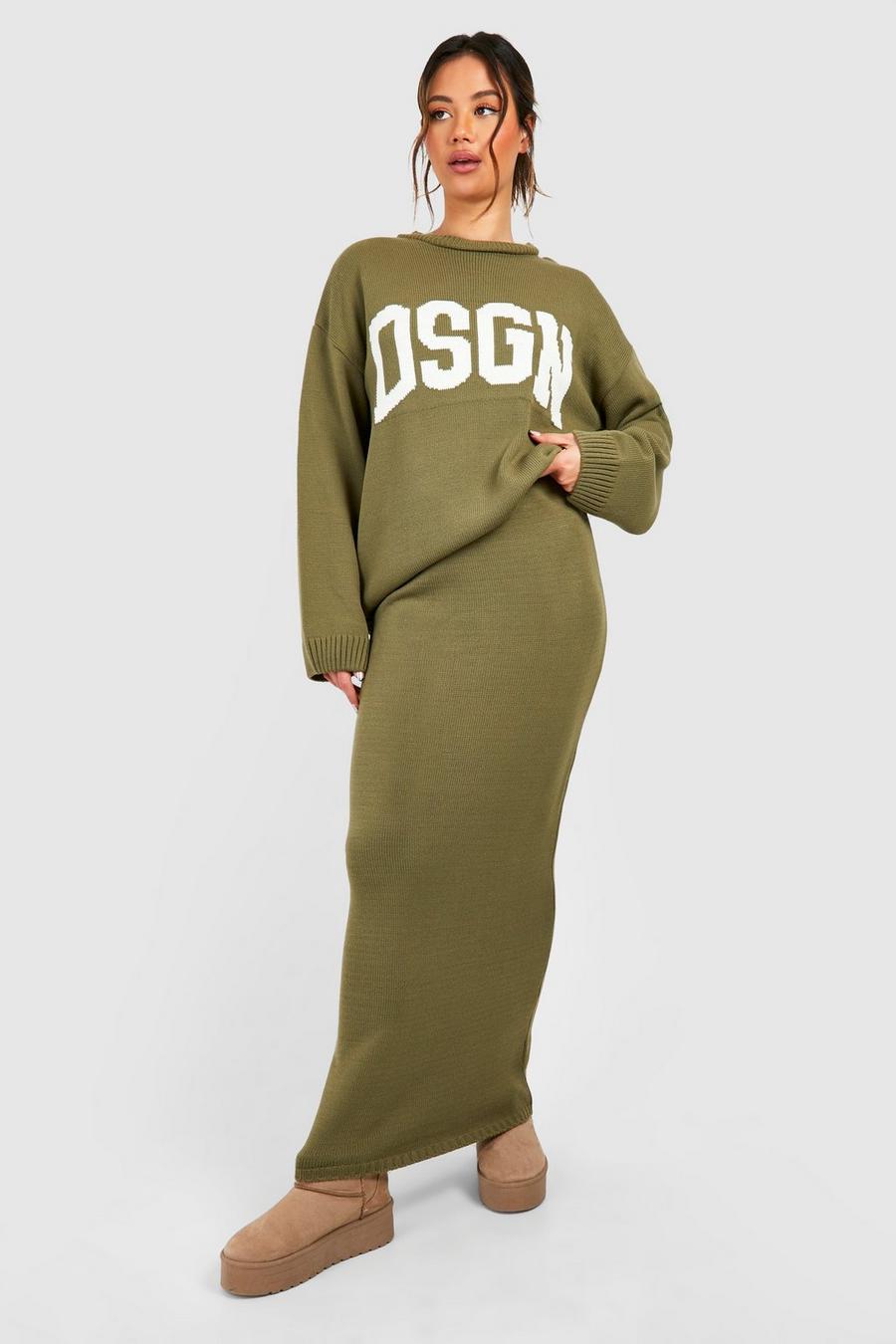 Khaki Dsgn Crew Neck Knitted Jumper And Maxi Skirt Set image number 1
