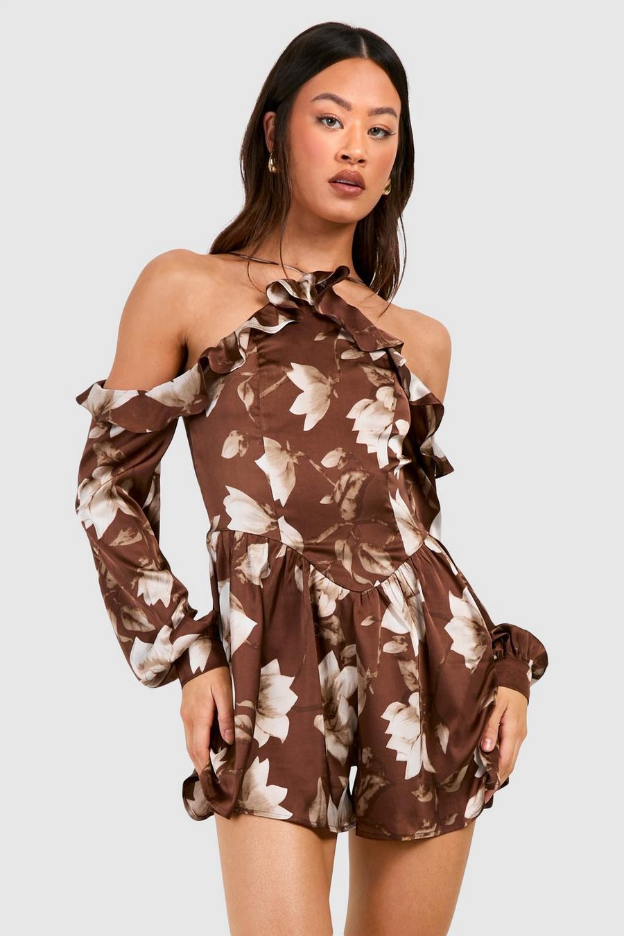 Brown Tall Satin Floral Halter Ruffle Romper image number 1