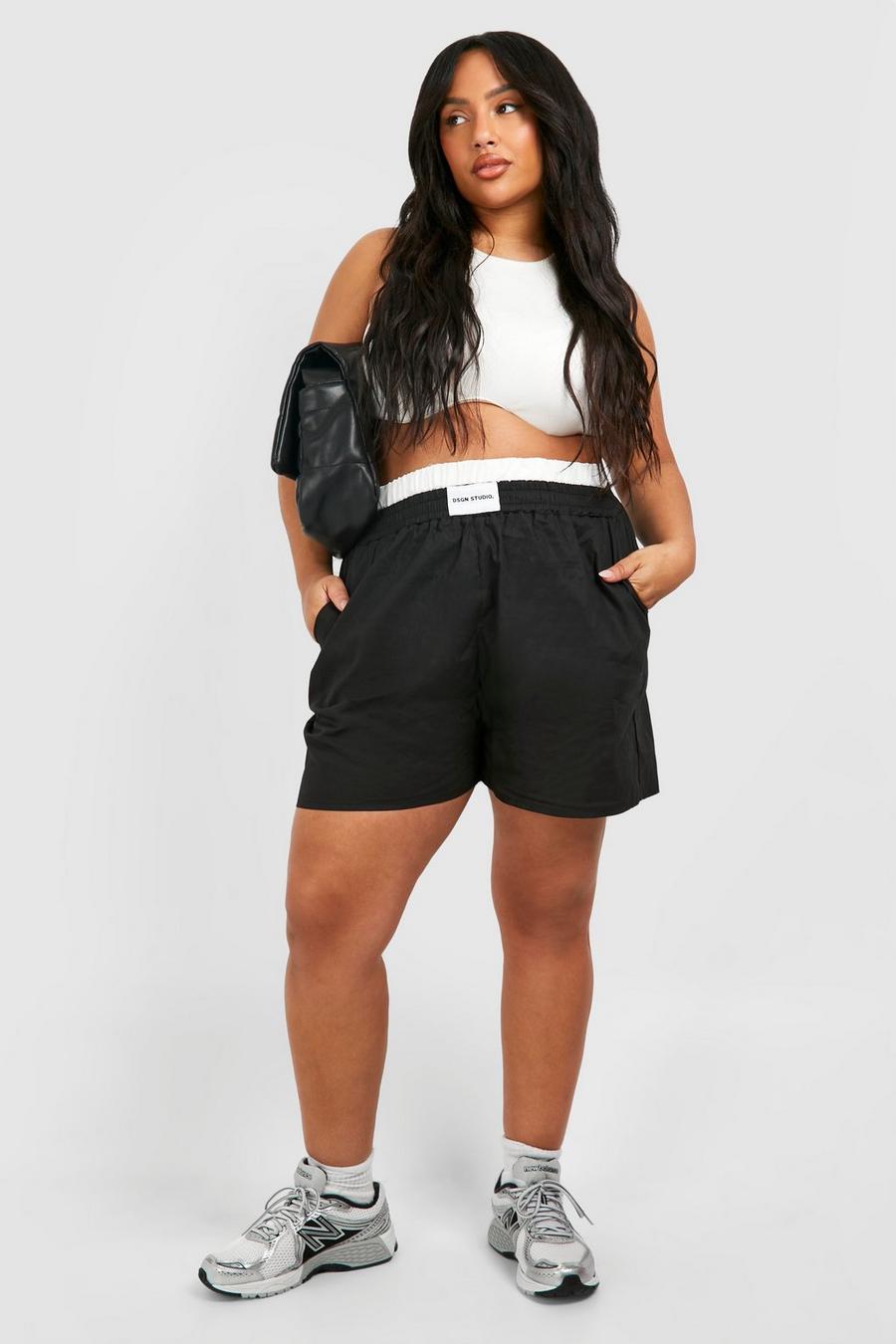 Plus gewebte Shorts mit Kontrast-Bund, Black image number 1