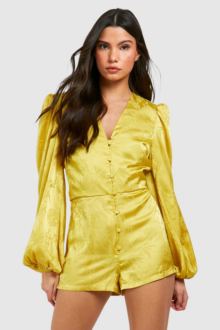 Gold Satin Balloon Sleeve Playsuit image number 1