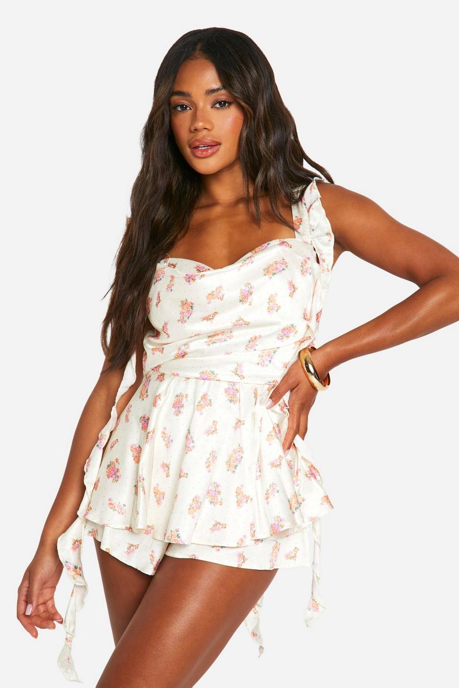 Cream Satin Ruffle Detail Floral Playsuit  image number 1