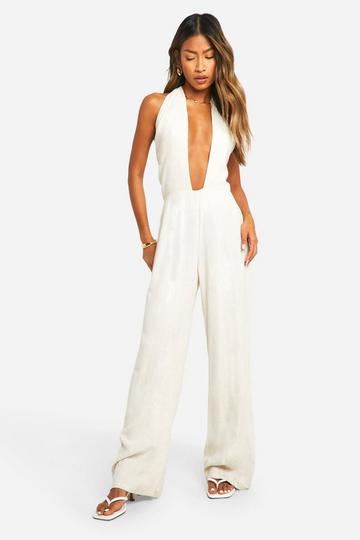 Stone Beige Linen Look Halter Jumpsuit