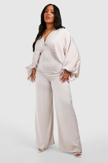 Champagne Beige Plus Matte Satin Extreme Sleeve Jumpsuit