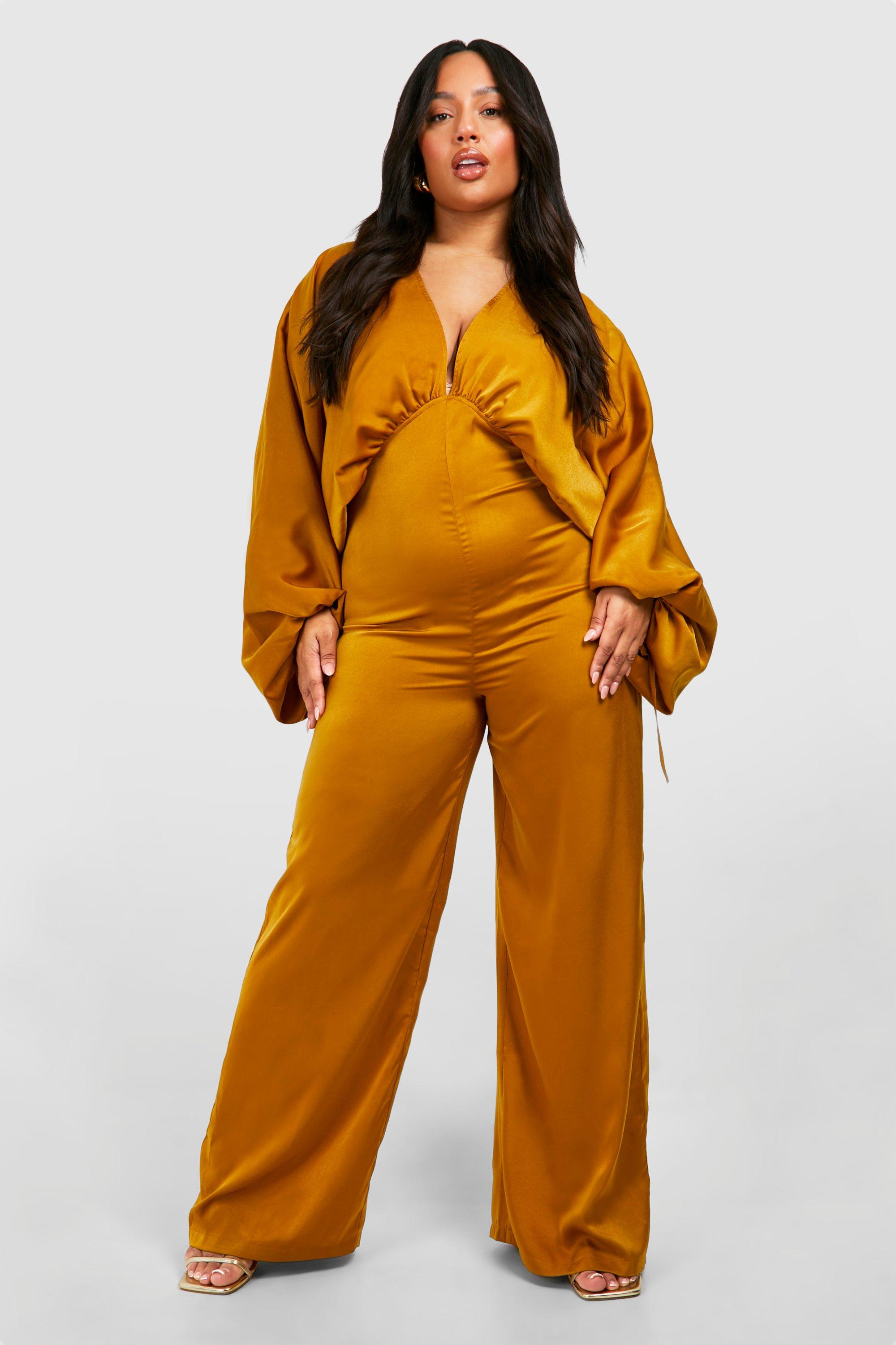 boohoo Plus Matte Satin Extreme Sleeve Jumpsuit Gold Size 14