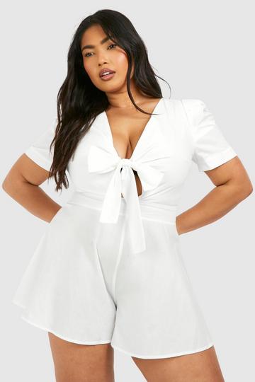 Plus Cotton Poplin Tie Front Playsuit white