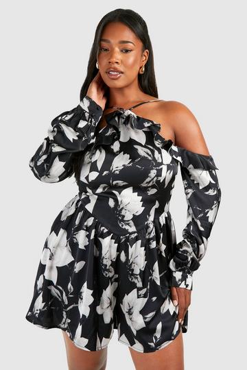 Plus Satin Floral Halterneck Ruffle Playsuit black