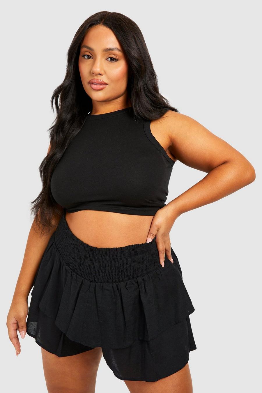 Grande taille - Short en lin à taille plissée, Black