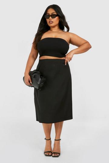 Black Plus Linen Look Midi Skirt