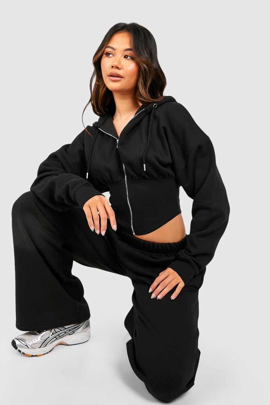 Black Corset Zip Hoodie And Straight Leg Jogger Tracksuit