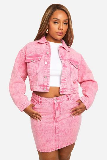 Plus Washed Denim Longline Crop Jacket pink