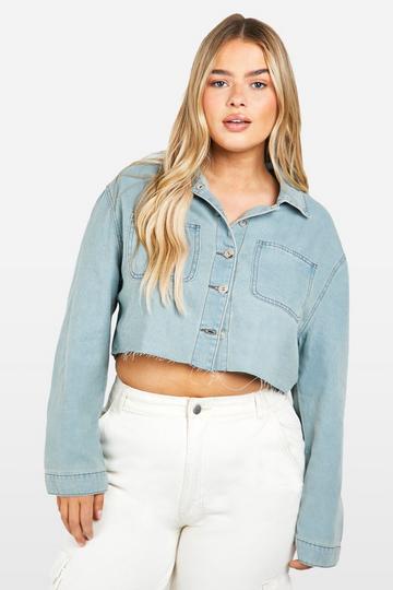 Plus Light Weight Cropped Denim Long Sleeve Shirt light blue