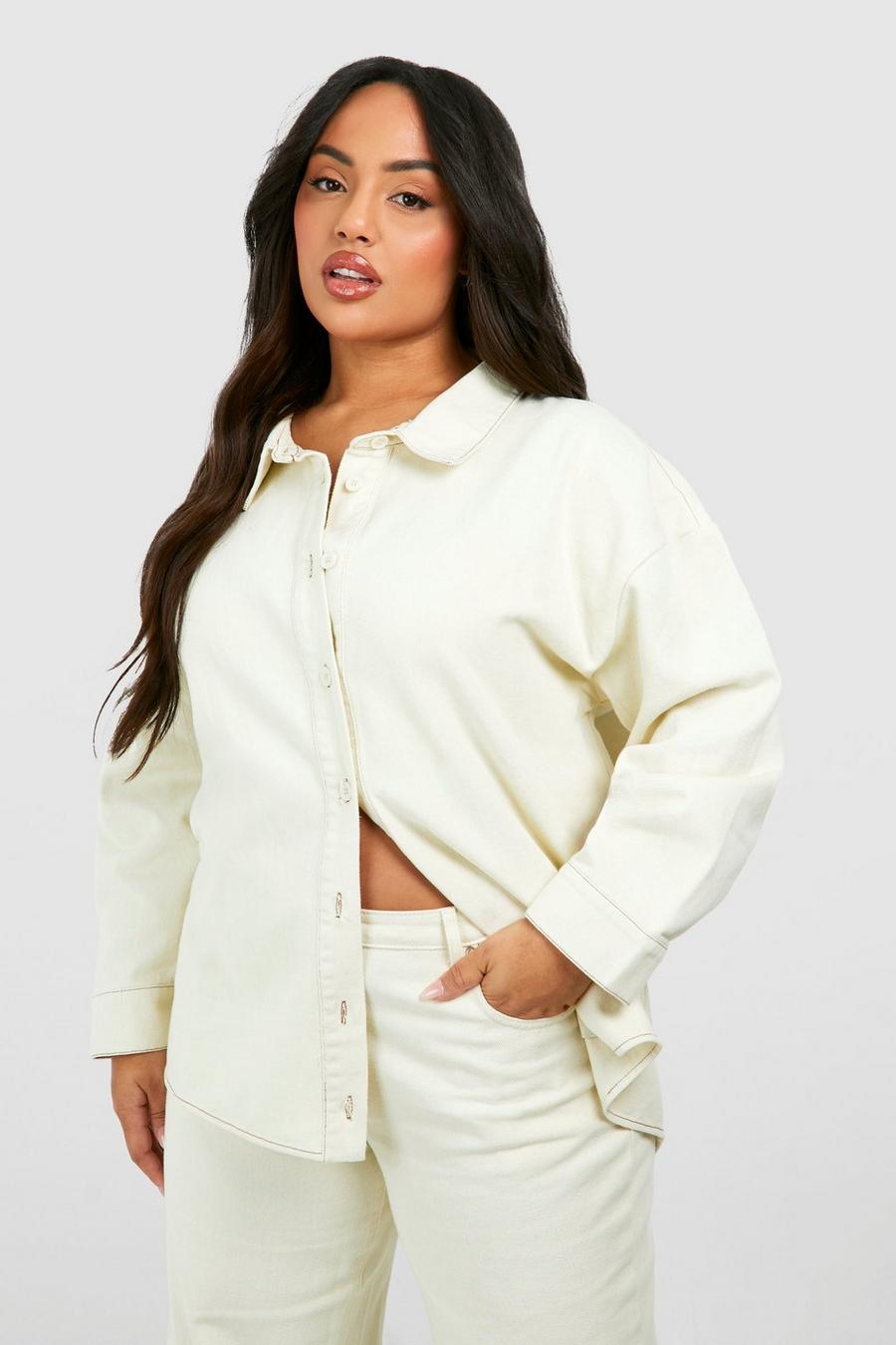 Ecru white Plus Denim Oversized Denim Shirt 