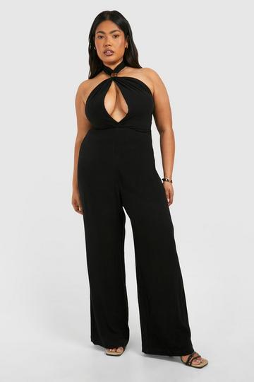 Plus Linen Look Halterneck Jumpsuit black