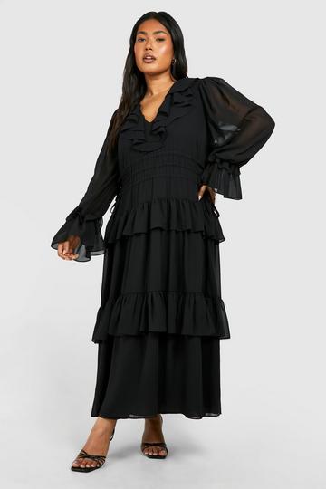 Plus Chiffon Ruffle Layer Skater Midaxi Dress black