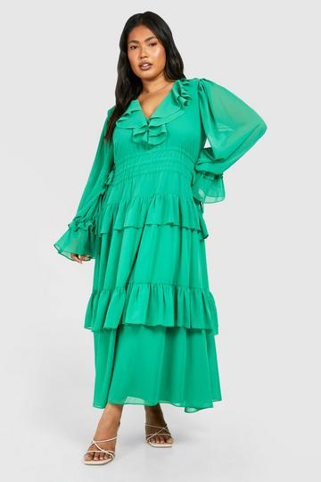 Plus Chiffon Ruffle Layer Skater Midaxi Dress green