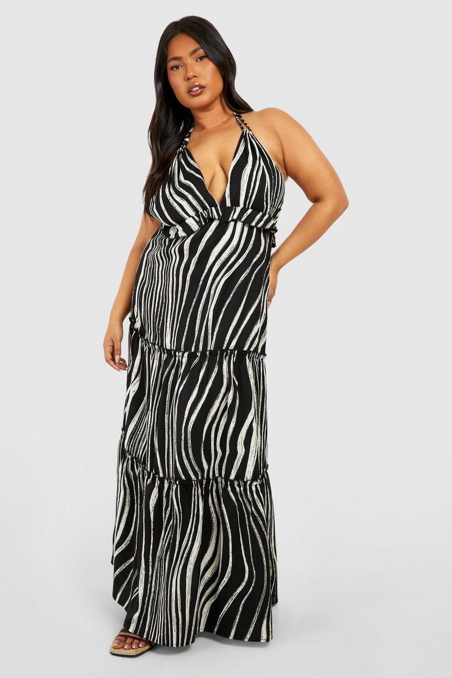 Black Plus Abstract Print Halter Tiered Maxi Dress image number 1