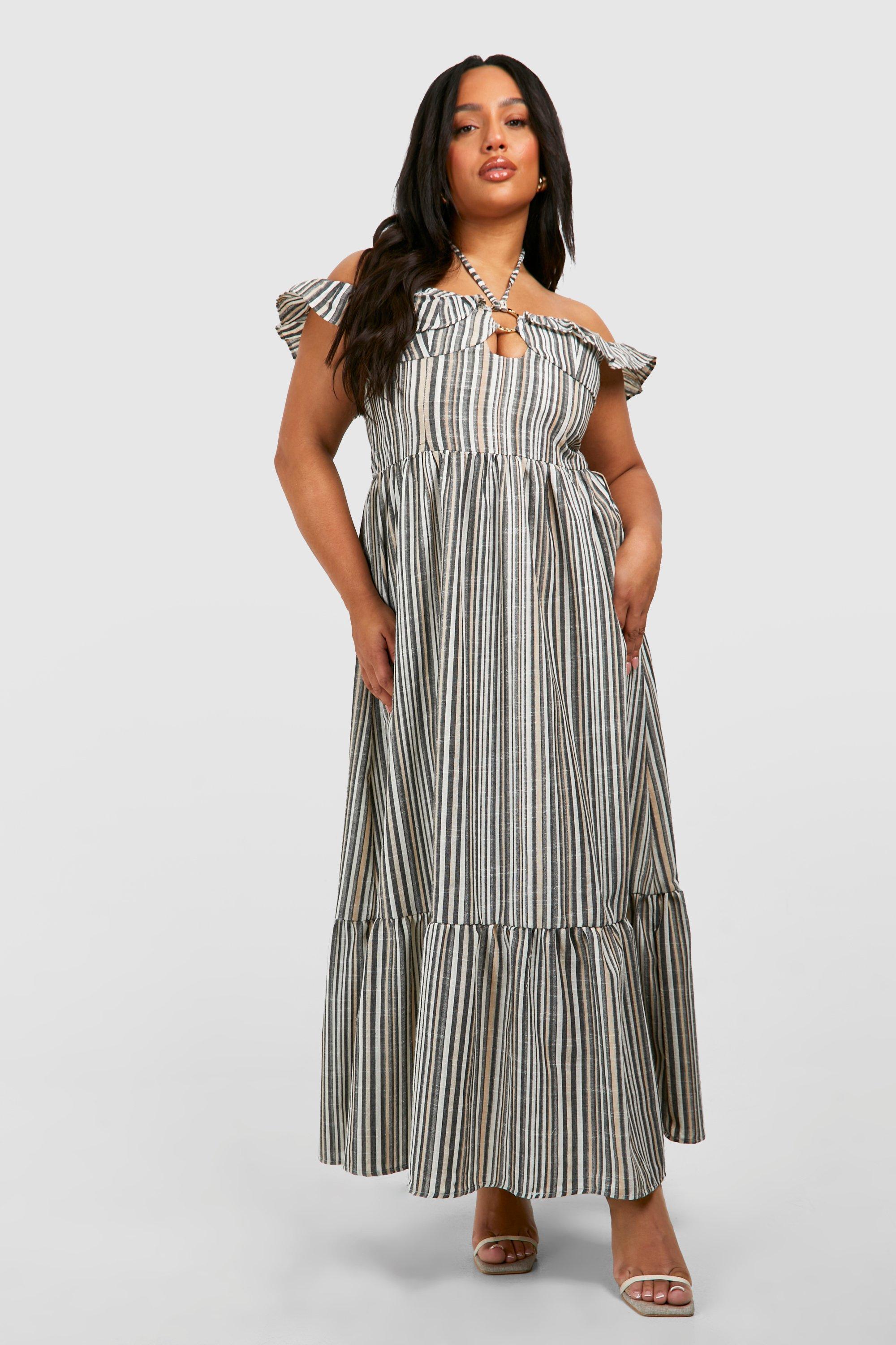 Black Off Shoulder Striped Halter Maxi Dress Black Off Shoulder Striped Halter Maxi Dress