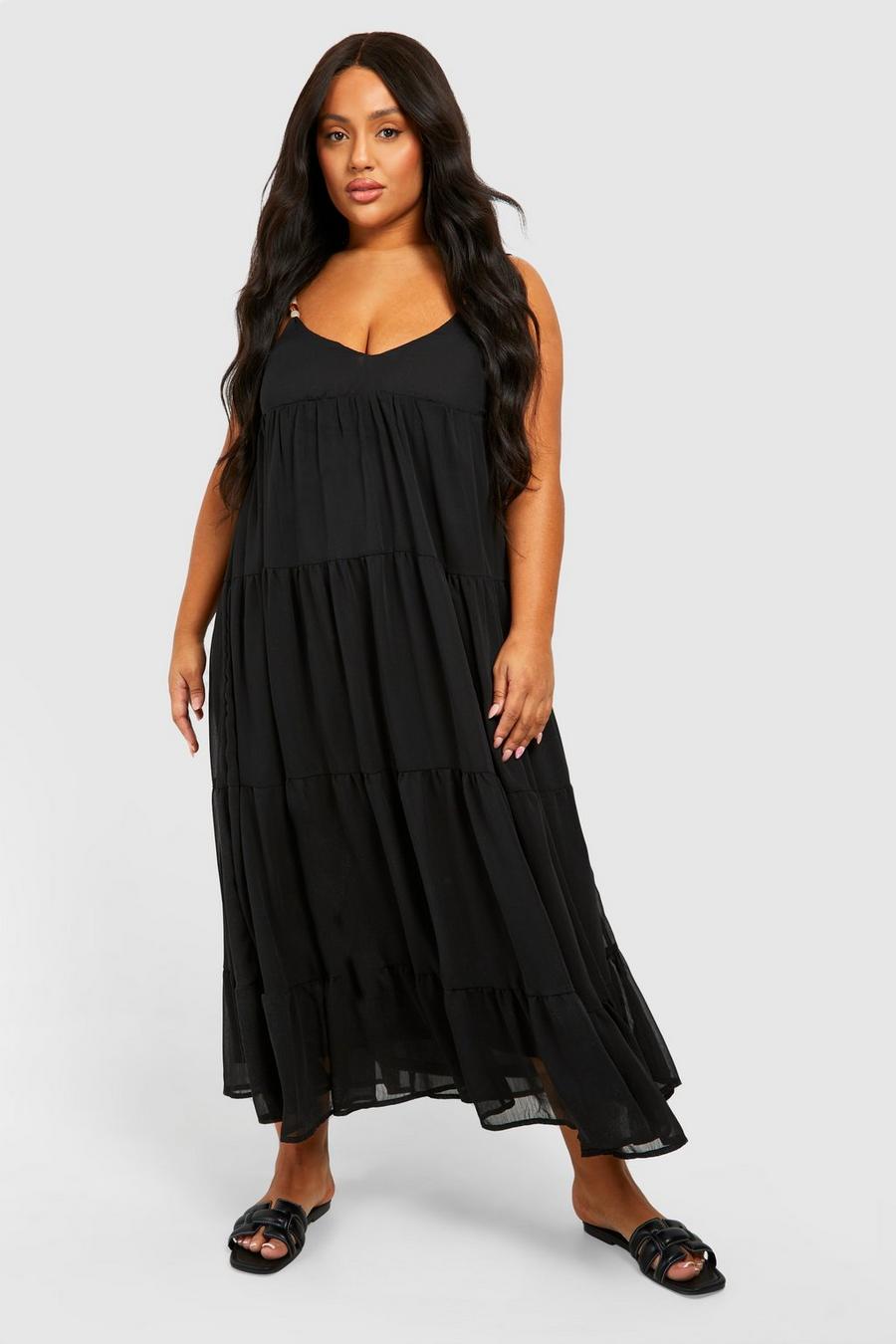 Black Plus Chiffon Bead Strappy Tiered Midaxi Dress image number 1