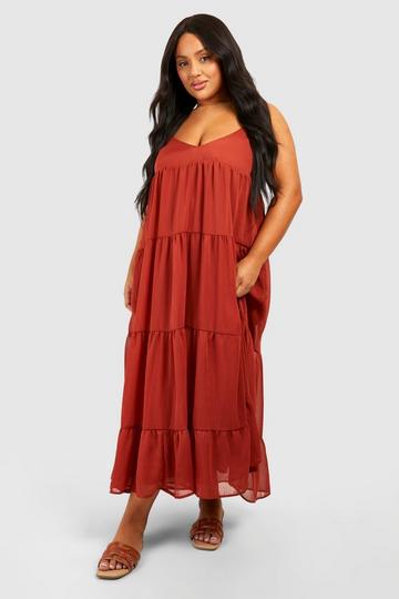 Plus Chiffon Bead Strappy Tiered Midi Dress rust