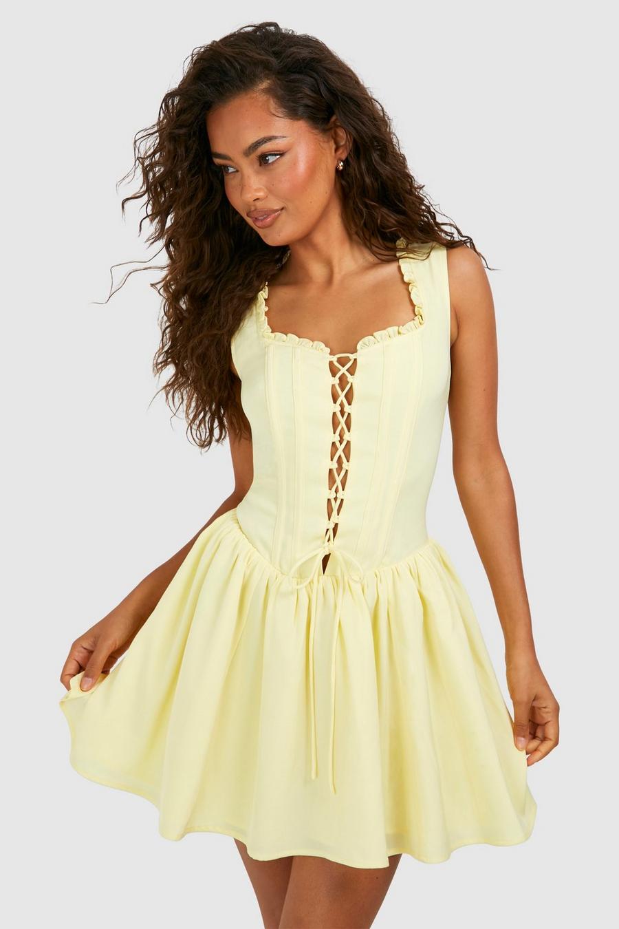 Lemon Tie Detail Milkmaid Mini Dress image number 1