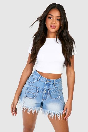 Double Waistband Detail Fray Hem Denim Shorts blue