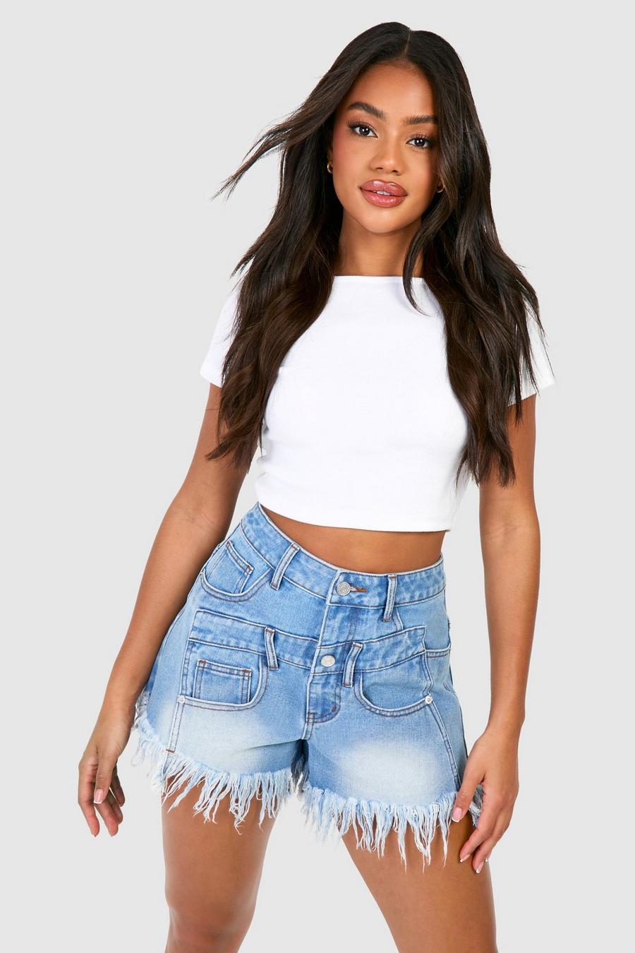 Blue Double Waistband Detail Fray Hem Jean Shorts image number 1